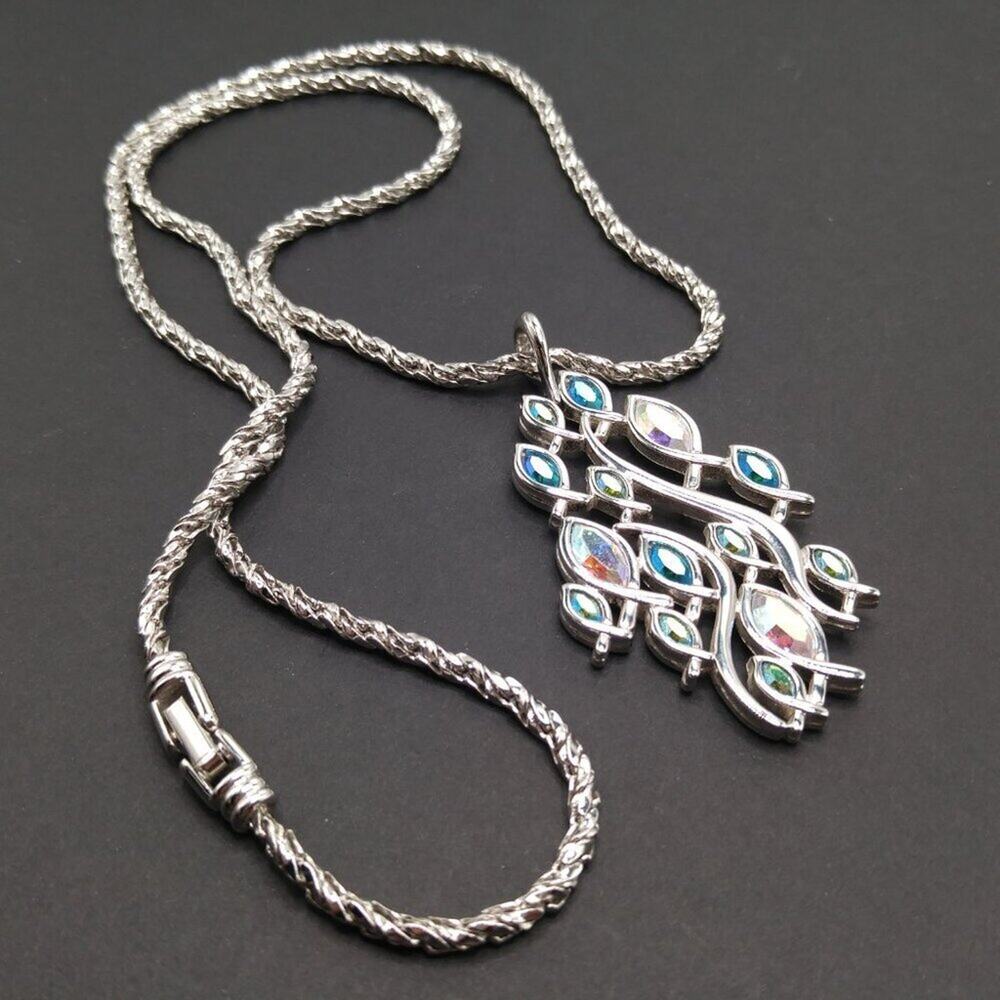 Vintage AB Rhinestone Pendant Necklace Rhodium Rope Chain Modernist 28in
